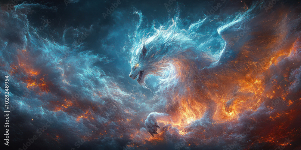 A magical group of animals, including a phoenix and a silver lion, all glowing with magical energy in a fantasy realm. A magical group of animals, including a phoenix and a silver lion, all glowing with magical energy in a fantasy realm.