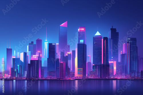 Neon-lit futuristic city skyline reflecting on the water.