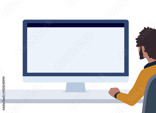 a man sitting in front of a computer monitor. template for designers. vector graphic