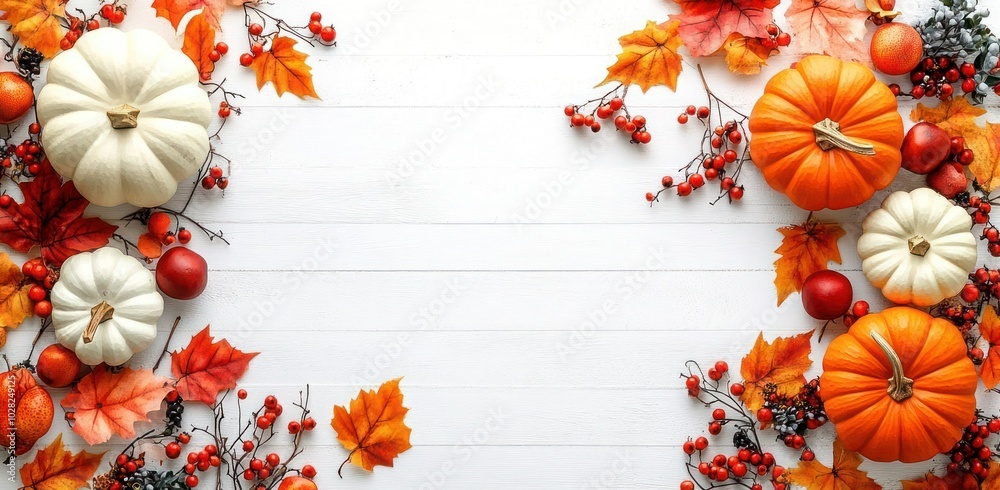 Autumn Harvest: Fall-Themed Background with Pumpkins, Leaves, and Berries on White Wood for Web Banner Design with Copy Space Autumn Harvest: Fall-Themed Background with Pumpkins, Leaves, and Berries on White Wood for Web Banner Design with Copy Space