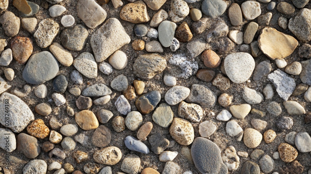 Close-up of various-sized, grey, brown, and white stones on sand. Close-up of various-sized, grey, brown, and white stones on sand.