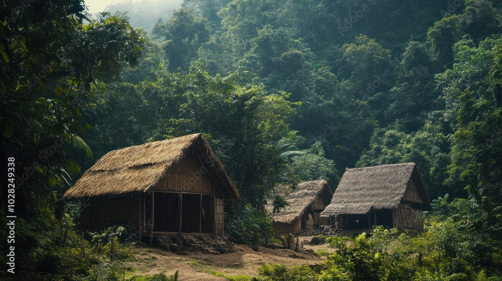 A disappearing tribe in Asia, their village fading into the dense jungle as younger generations leave for the cities, the elders continuing their way of life despite change A disappearing tribe in Asia, their village fading into the dense jungle as younger generations leave for the cities, the elders continuing their way of life despite change