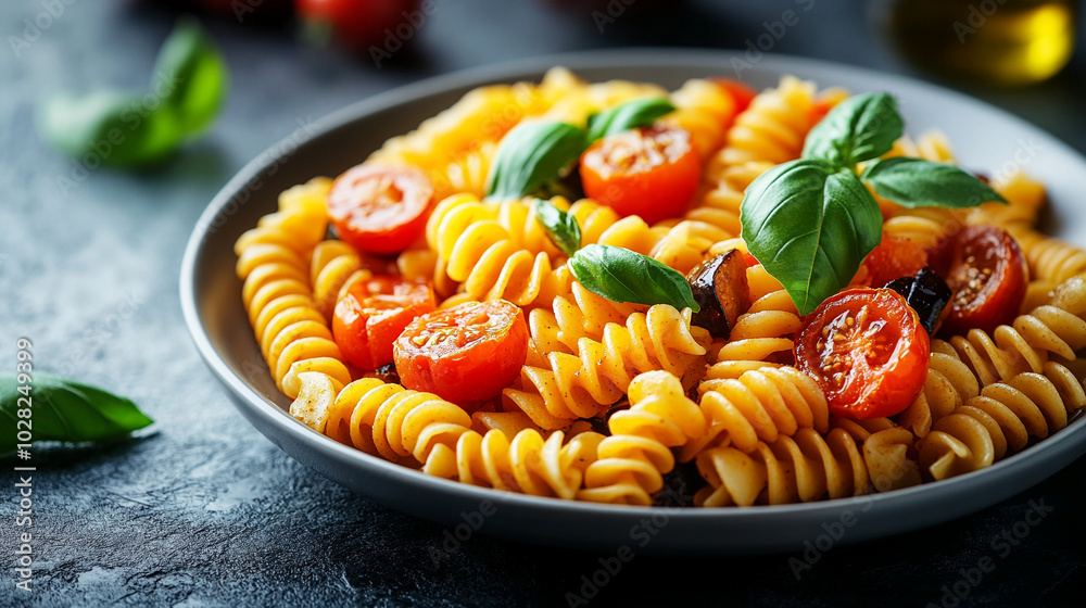 rotini pasta with roasted eggplant and fresh tomatoes, symbolizing warmth, comfort, and Mediterranean cuisine. The meal evokes feelings of home and culinary artistry rotini pasta with roasted eggplant and fresh tomatoes, symbolizing warmth, comfort, and Mediterranean cuisine. The meal evokes feelings of home and culinary artistry