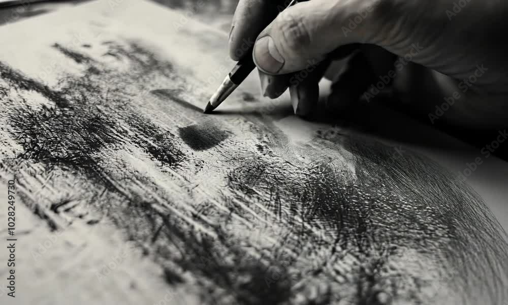 A hand drawing on paper with a pen, creating textured black and white artwork.