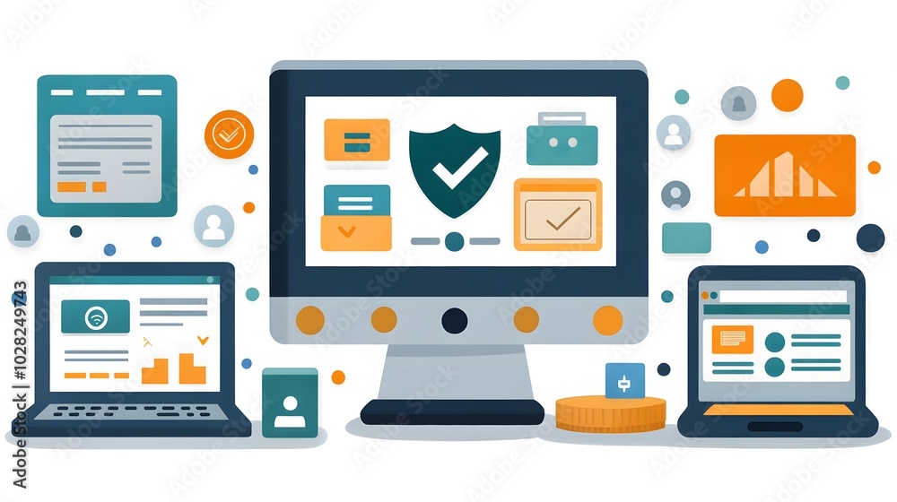 A depiction of secure online transactions with a shield symbol ensuring data safety during exchanges A depiction of secure online transactions with a shield symbol ensuring data safety during exchanges