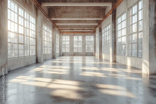 A minimalist warehouse interior with clean concrete floors, metal fixtures, and an expansive open layout. photo