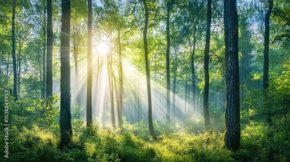 A serene forest scene with tall trees and sunbeams gently shining through the canopy, creating a peaceful, calming atmosphere A serene forest scene with tall trees and sunbeams gently shining through the canopy, creating a peaceful, calming atmosphere
