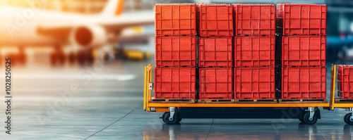 An image showing loaded carts at an airport with cargo, ready to be shipped via air freight, emphasizing the importance of transportation and logistics in global trade
