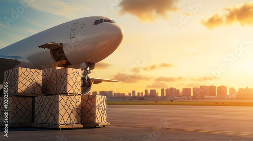 Cargo plane loading on runway with packages