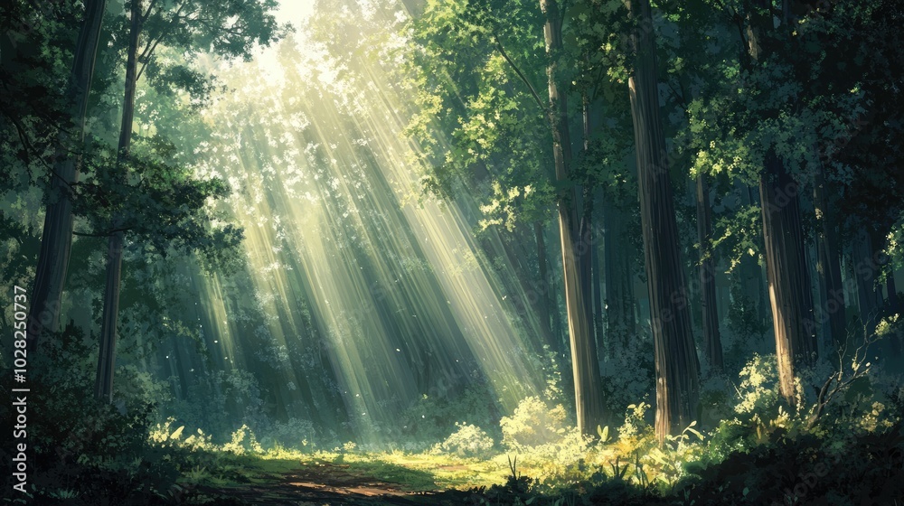 Obraz premium Sunlight filtering through a dense forest of tall trees, casting beautiful beams of light and creating a calm, peaceful atmosphere