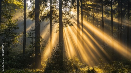 Sunlight filtering through a beautiful forest of tall trees, casting soft golden beams of light and creating a peaceful atmosphere