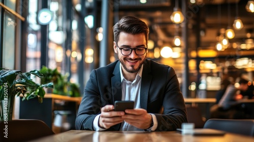 Successful young businessman using a smartphone while sitting at a shared table modern environment ​​Reflects on his career success and comfort with digital communication.