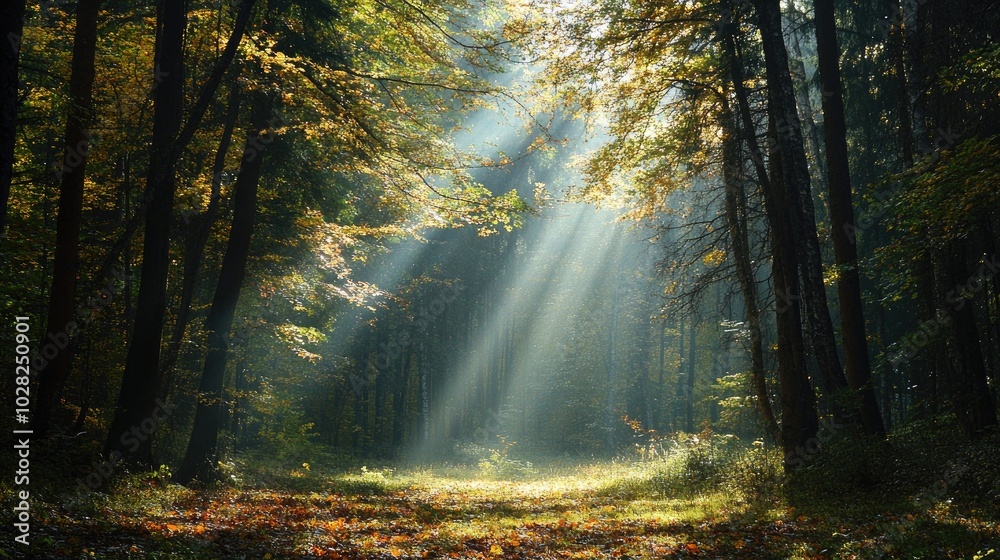 Naklejka premium A beautiful forest with tall trees and sunbeams filtering through the leaves, creating a serene and peaceful nature scene
