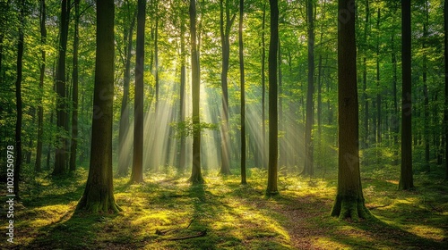 A beautiful forest with tall trees and sunlight filtering through the canopy, casting beams of light and creating a peaceful scene