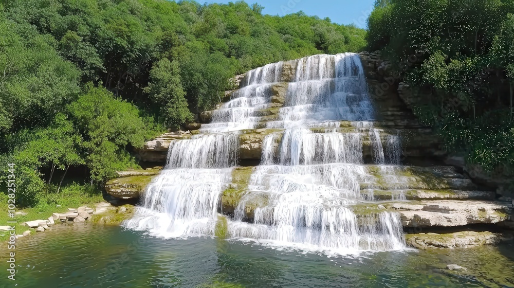 Naklejka premium Majestic Cascading Waterfall in Lush Forest Nature Landscape Photography