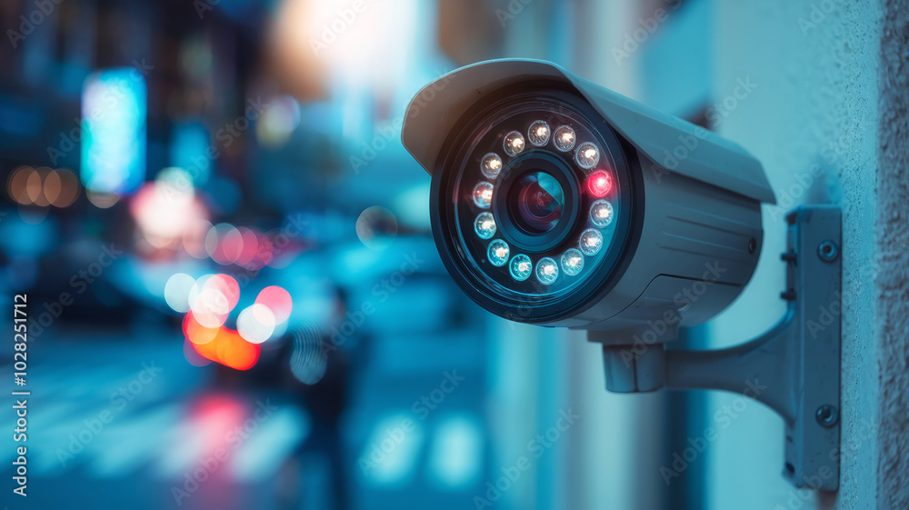 A close-up of a security camera mounted on a building, set against a blurred urban background, emphasizing surveillance technology in a city environment. A close-up of a security camera mounted on a building, set against a blurred urban background, emphasizing surveillance technology in a city environment.