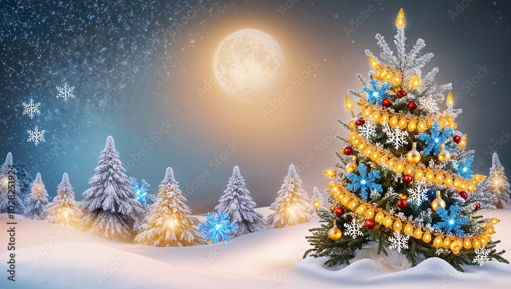 Stunning winter wonderland scene with vibrant Christmas lights adorning snow covered fir trees, subtle moonlight, lights Stunning winter wonderland scene with vibrant Christmas lights adorning snow covered fir trees, subtle moonlight, lights