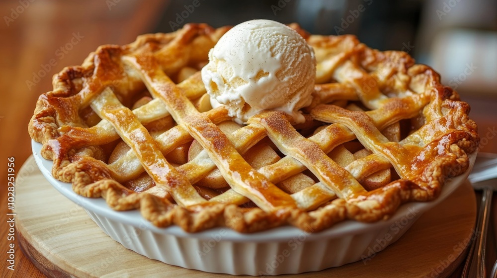 A freshly baked apple pie with a scoop of vanilla ice cream on top. A freshly baked apple pie with a scoop of vanilla ice cream on top.