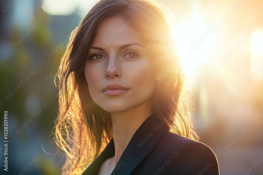 A woman in a business portrait with a sun flare gently framing her face, wearing formal business attire, soft lighting emphasizing her expression, background in subtle focus A woman in a business portrait with a sun flare gently framing her face, wearing formal business attire, soft lighting emphasizing her expression, background in subtle focus