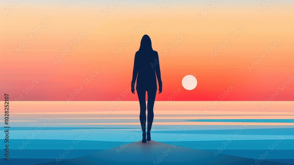 Fototapeta premium A radiant young woman strolls along the shore as the sun sets, creating a picturesque beach scene filled with warmth.