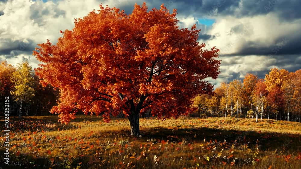A lone tree with vibrant red leaves stands out against a backdrop of golden fall foliage and a cloudy sky A lone tree with vibrant red leaves stands out against a backdrop of golden fall foliage and a cloudy sky