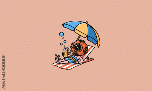 Diver relaxing under an umbrella with a drink.