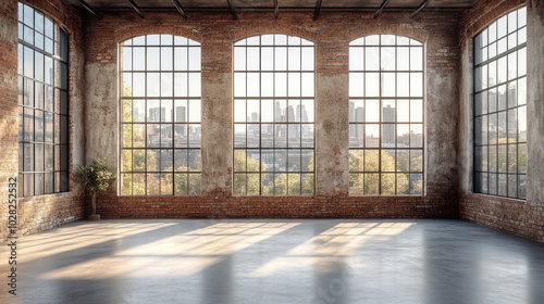 A raw industrial interior with large windows letting in natural light  highlighting the minimalist design and exposed materials.