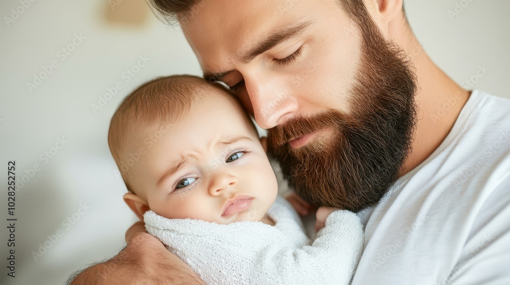 A father lovingly comforts his crying newborn at home, showcasing a deep bond and emotional connection during the day. A father lovingly comforts his crying newborn at home, showcasing a deep bond and emotional connection during the day.