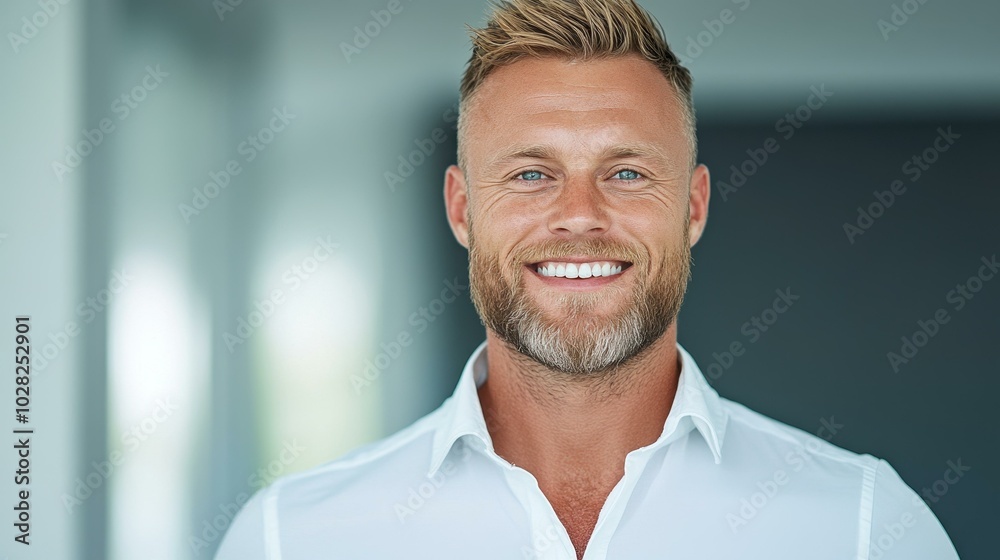 A smiling businessman in a white shirt exudes confidence in a blurred office setting, perfect for professional concepts. A smiling businessman in a white shirt exudes confidence in a blurred office setting, perfect for professional concepts.
