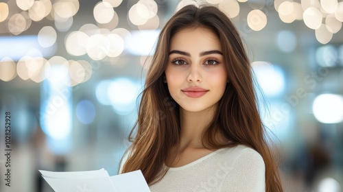 A poised businesswoman examines a contract in a sleek office, embodying professionalism and confidence in her role.