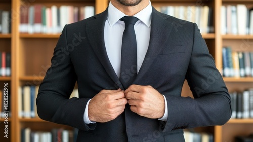 Confident lawyer in sharp attire finetuning their suit, exuding legal expertise in a classic library environment. photo