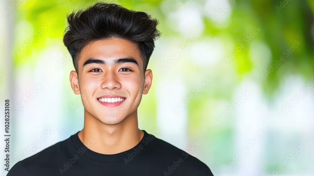 A cheerful young Asian man smiles warmly in a cozy indoor setting, exuding confidence and a relaxed vibe. A cheerful young Asian man smiles warmly in a cozy indoor setting, exuding confidence and a relaxed vibe.