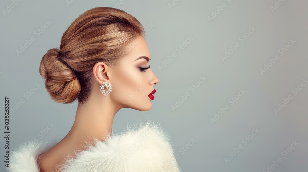 A stunning woman flaunts her chic hairstyle while draped in a cozy, white fur coat. Elegance redefined A stunning woman flaunts her chic hairstyle while draped in a cozy, white fur coat. Elegance redefined
