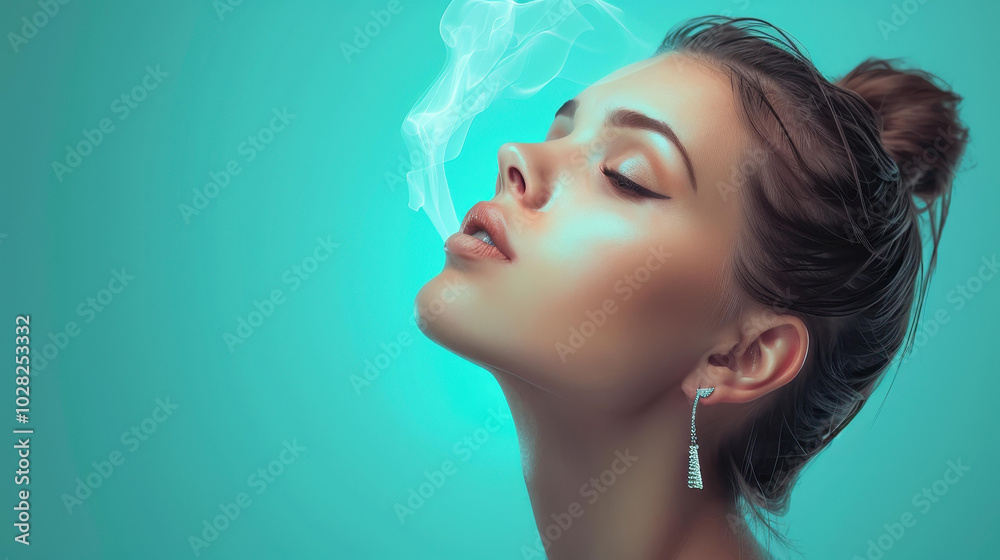 Stunning model with elegant earrings exhales smoke, eyes partly closed, showcasing a futuristic vibe in vibrant colors. Stunning model with elegant earrings exhales smoke, eyes partly closed, showcasing a futuristic vibe in vibrant colors.