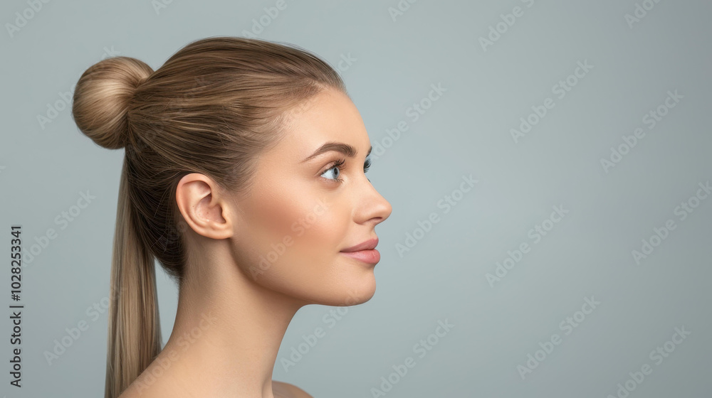 Beautiful young blonde woman smiles confidently while looking to the side, showcasing her natural beauty in a relaxed pose. Beautiful young blonde woman smiles confidently while looking to the side, showcasing her natural beauty in a relaxed pose.
