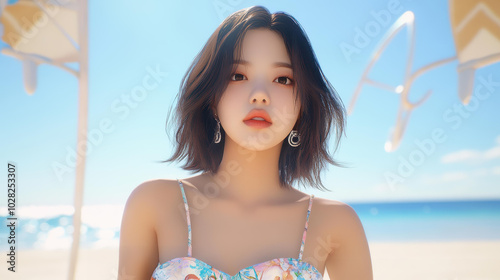 A confident woman poses elegantly on a sunlit beach, styled in summer attire with striking ocean reflections in the backdrop. photo