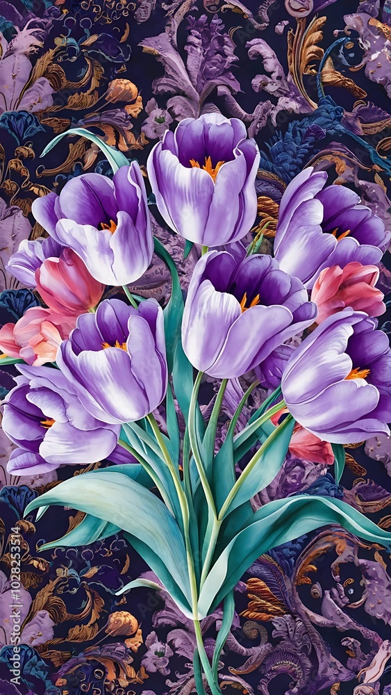 Obraz premium Purple and blue tulips watercolor illustration set. Seamless background pattern. Fabric wallpaper print texture.