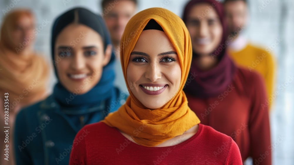 A joyful team of individuals, led by a woman in a hijab, reflects the beauty of diversity and collaboration. A joyful team of individuals, led by a woman in a hijab, reflects the beauty of diversity and collaboration.