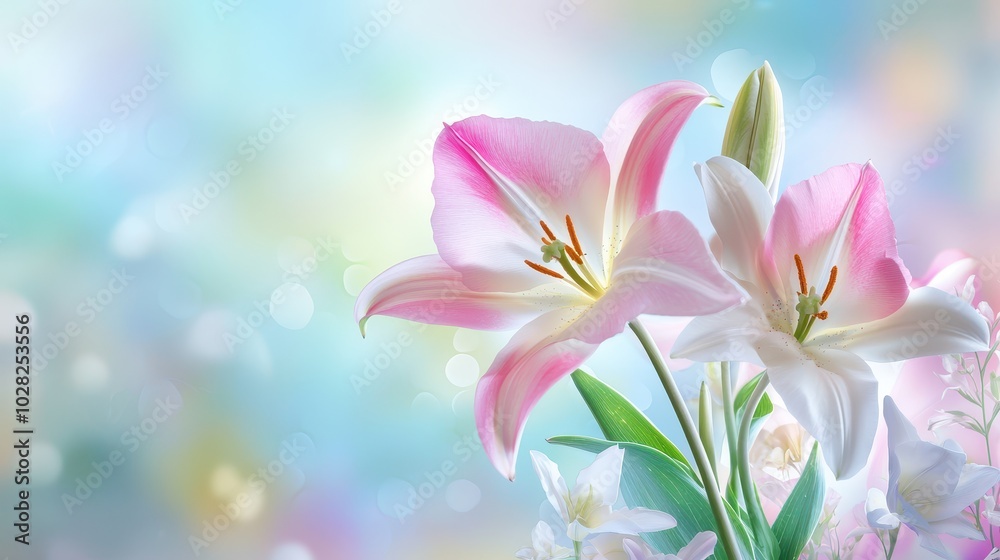 Soft, pastel-colored flowers like tulips and lilies in bloom, gently swaying in the spring breeze. The scene is full of life and vibrant colors. Soft, pastel-colored flowers like tulips and lilies in bloom, gently swaying in the spring breeze. The scene is full of life and vibrant colors.