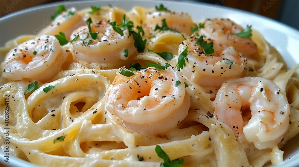 creamy shrimp Alfredo fettuccine pasta is served on a rustic wooden table, with a rich, buttery sauce and fresh herbs. Symbolizes indulgence, comfort, and the art of Italian cuisine creamy shrimp Alfredo fettuccine pasta is served on a rustic wooden table, with a rich, buttery sauce and fresh herbs. Symbolizes indulgence, comfort, and the art of Italian cuisine