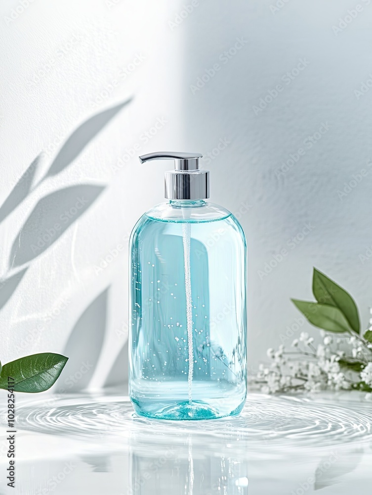 Elegant blue liquid soap bottle with soft shadows and greenery