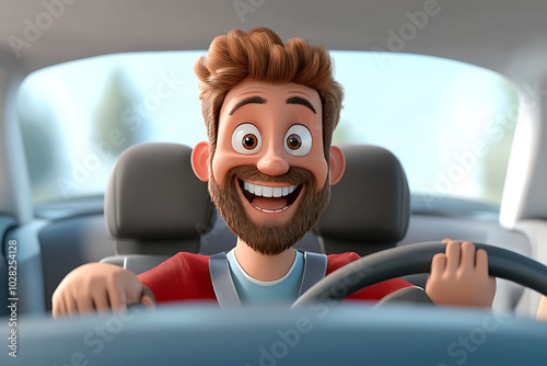 A cheerful animated character driving a car, showcasing joy and excitement. photo