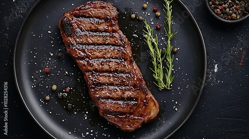 Beef steak meat medium rare on grey plate Dark background Close up Top view : Generative AI