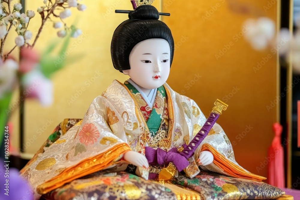 Hinamatsuri Festival: Hina Dolls on Golden Platform with Emperor Figure, Silk Kimonos & Toy Sword on Springtime Celebration Hinamatsuri Festival: Hina Dolls on Golden Platform with Emperor Figure, Silk Kimonos & Toy Sword on Springtime Celebration