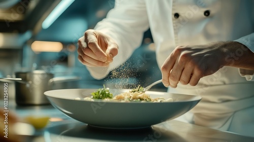 Chef carefully seasoning a salad with a sprinkle of herbs.