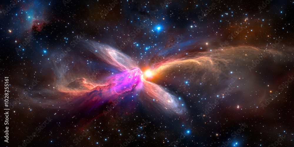 Fototapeta premium Vibrant galaxy with stars background, blending glowing stars and distant nebula clouds in a cosmic scene.