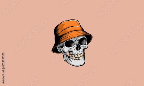 Skull wearing an orange bucket hat, minimalistic design.