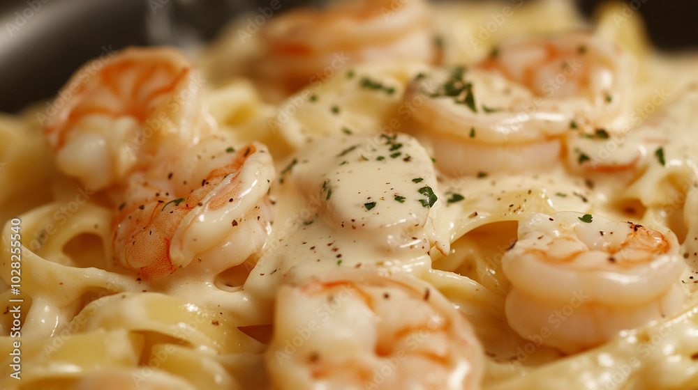 creamy shrimp Alfredo fettuccine pasta is served on a rustic wooden table, with a rich, buttery sauce and fresh herbs. Symbolizes indulgence, comfort, and the art of Italian cuisine creamy shrimp Alfredo fettuccine pasta is served on a rustic wooden table, with a rich, buttery sauce and fresh herbs. Symbolizes indulgence, comfort, and the art of Italian cuisine