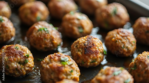 Close-up of Golden Brown Meatballs with Green Herbs in a Pan photo