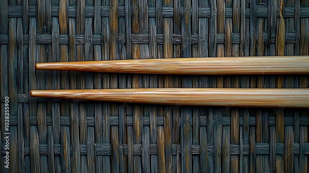 Obraz premium Bamboo mat with chopsticks Grey background Copy space Top view : Generative AI
